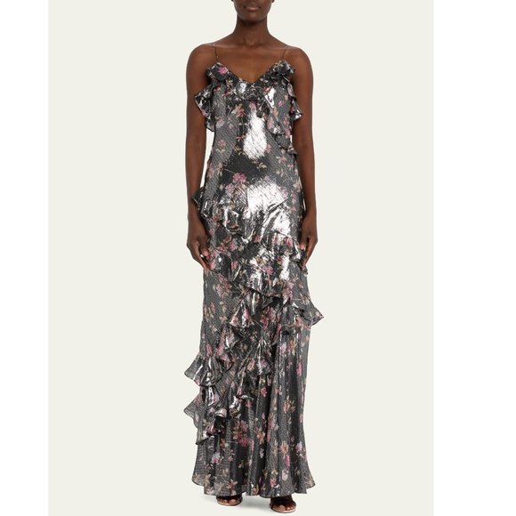 LOVESHACKFANCY Rialto Floral Silk Lamé Maxi Dress - Picture 1 of 5
